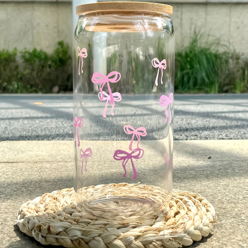 Charming Pink Bow Pattern Glass Cup with Bamboo Lid & Straw - Perfect Gift for Women, Friends, and Sisters - Ideal for Coffee, Cold Drinks - Great for Office, Kitchen, Home Use