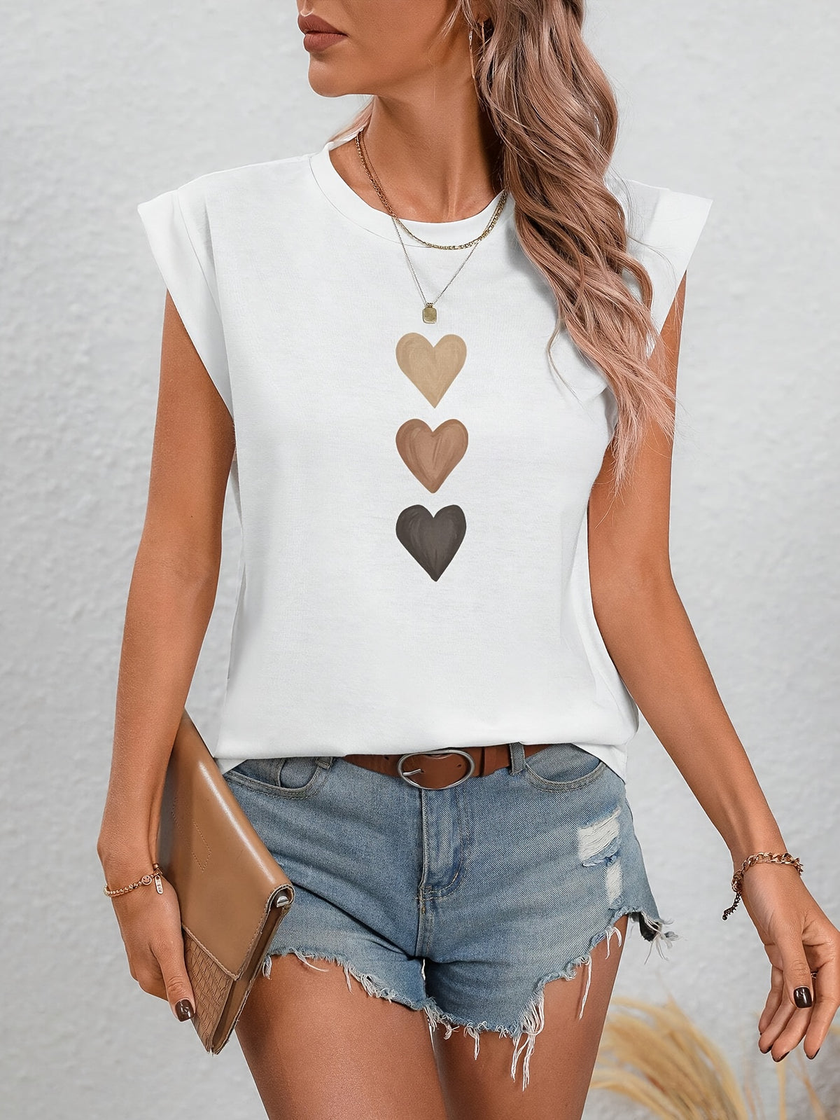 Heart Print T-shirt, Cap Sleeve Crew Neck Casual Top For Summer & Spring, Women's Clothing