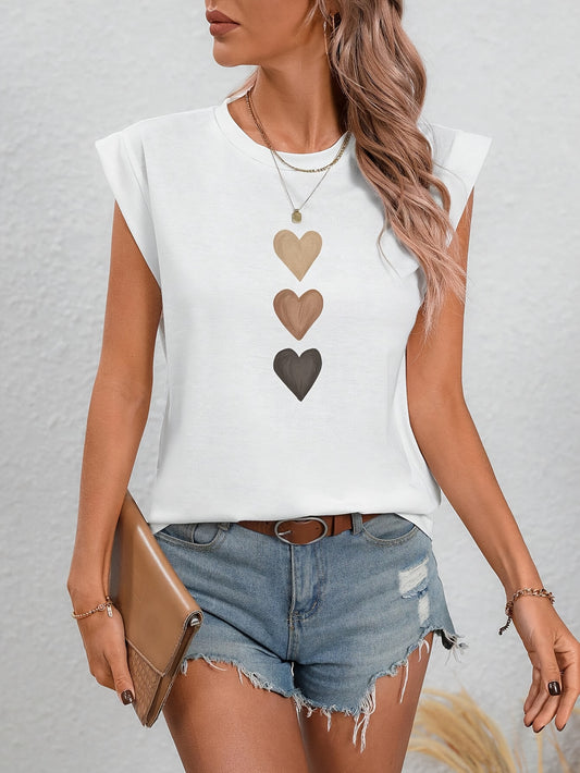 Heart Print T-shirt, Cap Sleeve Crew Neck Casual Top For Summer & Spring, Women's Clothing