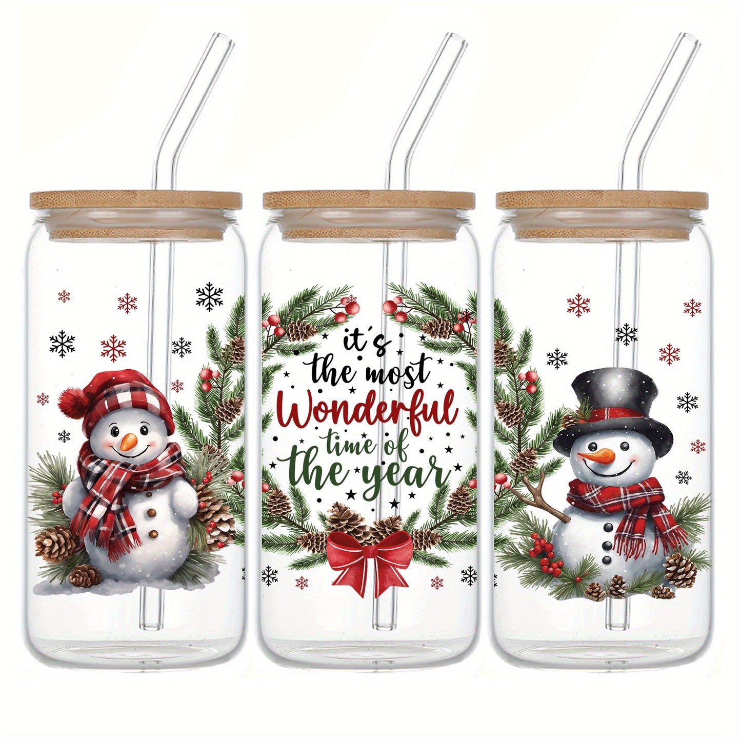 16oz Iced Coffee Glass Cup with Bamboo Lid & Straw - Perfect Christmas, Valentine's & Thanksgiving Gift for Friends and Family | Washable Can-Shaped Tumbler for Hot & Cold Beverages | Ideal for Home, Office, and Restaurant Use