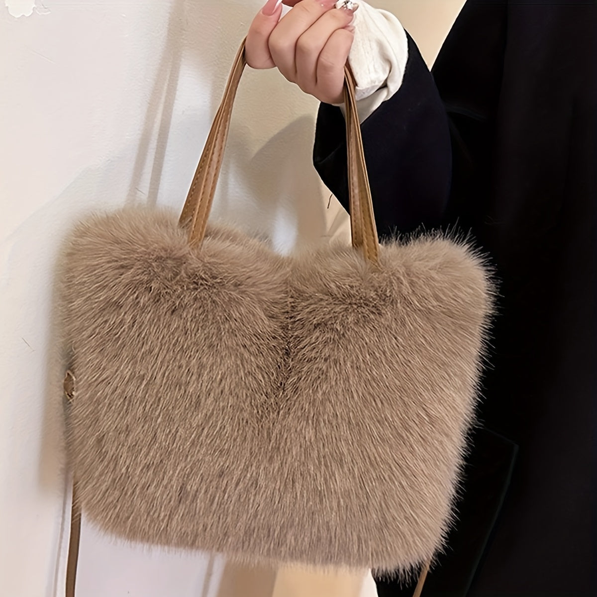 Women'S Faux Fur Shoulder Bag - Solid Color Polyester Handbag with Adjustable Strap, Buckle Closure, and Polyester Lining - Easy Care, Multi-Grid Design for Daily Wear and Special Occasions