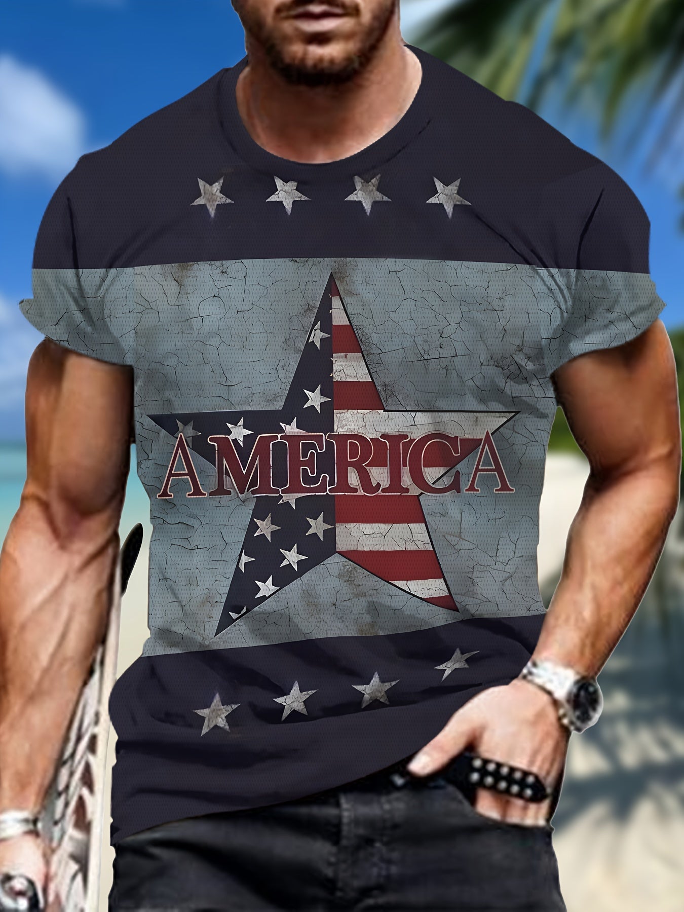 Men's Stars Graphic Print T-shirt, Short Sleeve Crew Neck Tee, Men's Clothing For Summer Outdoor