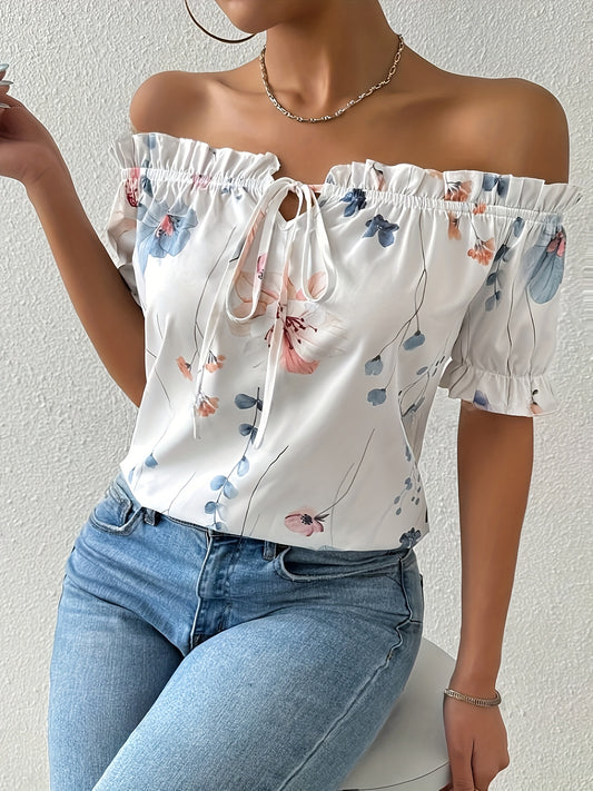 Floral Print Off Shoulder T-Shirt, Vintage Ruffle Trim Short Sleeve T-Shirt For Spring & Summer, Women's Clothing