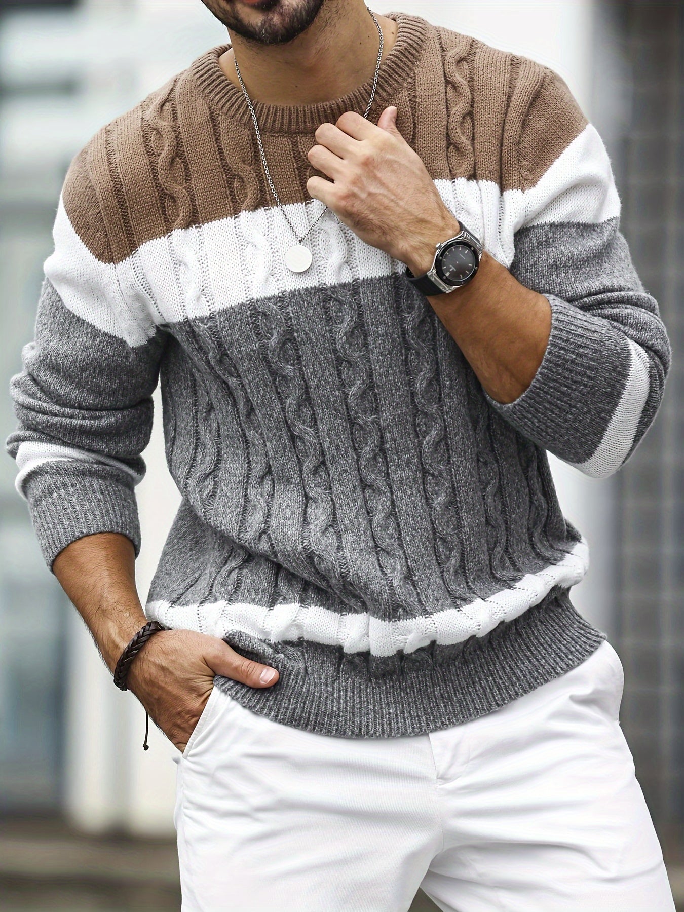 Men's Color Blocking Textured Knit Sweater For Autumn And Winter, Casual Business Trendy Pullover As Gift, Outdoor Cloth