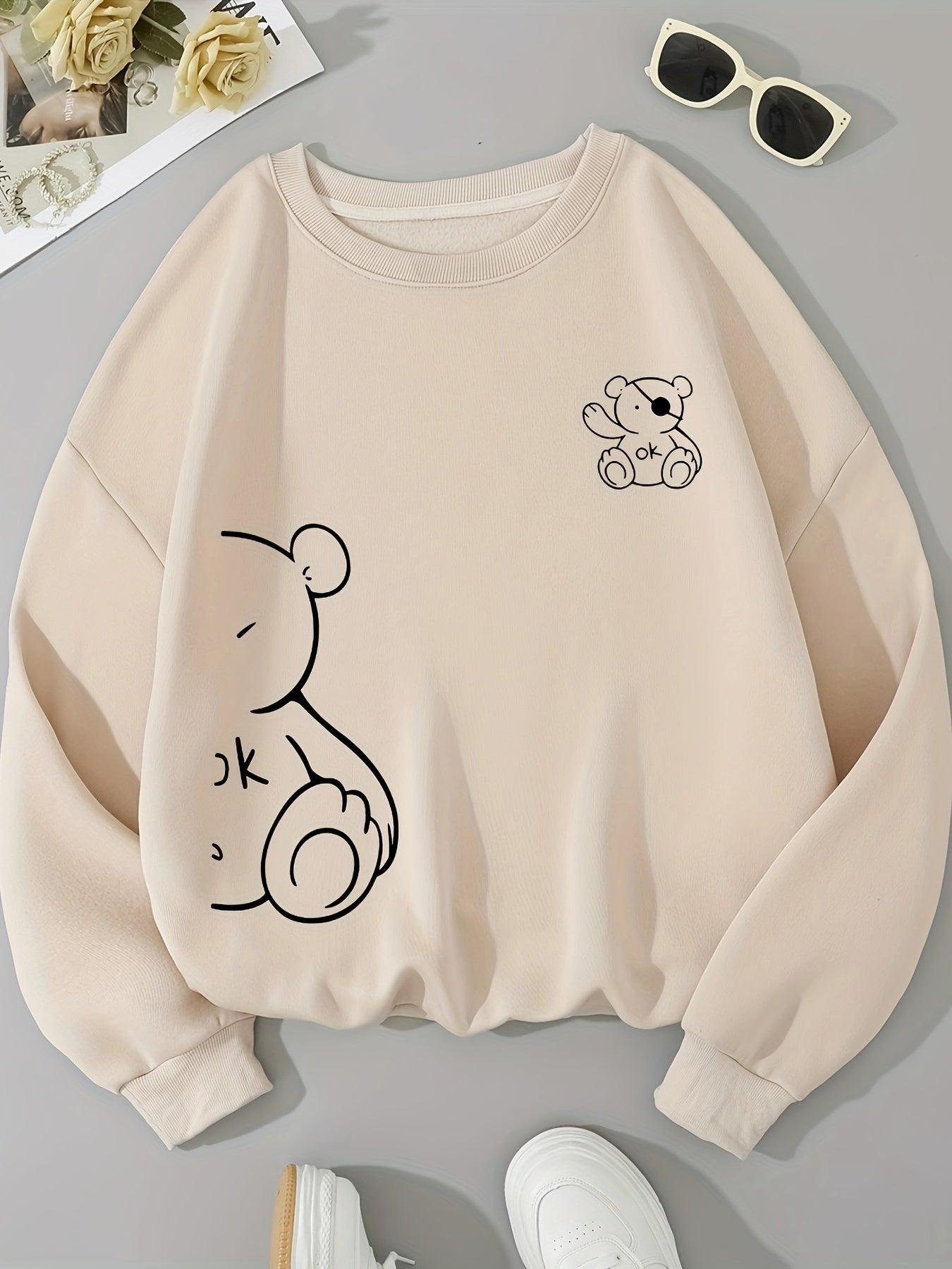 Cartoon Bear Design Sweatshirt for Women - Casual Polyester Knit Fabric Hoodie with Round Neck, All-Season Comfort