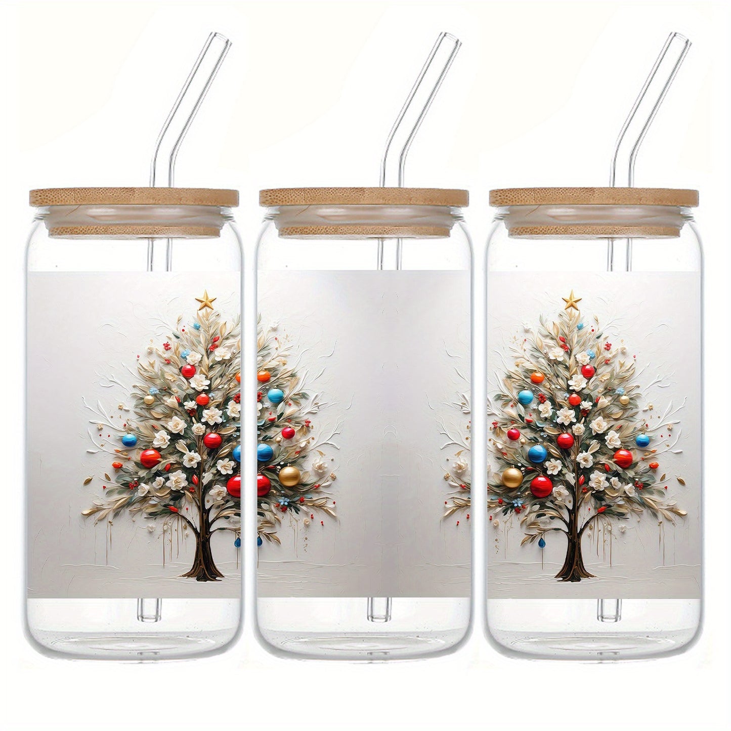 16oz Festive Glass Tumbler with Lid & Straw - UV Printed Tree & Flowers Design, Perfect for Christmas & Holiday Gifts, Ideal for Iced Coffee & Soda