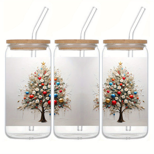 16oz Festive Glass Tumbler with Lid & Straw - UV Printed Tree & Flowers Design, Perfect for Christmas & Holiday Gifts, Ideal for Iced Coffee & Soda