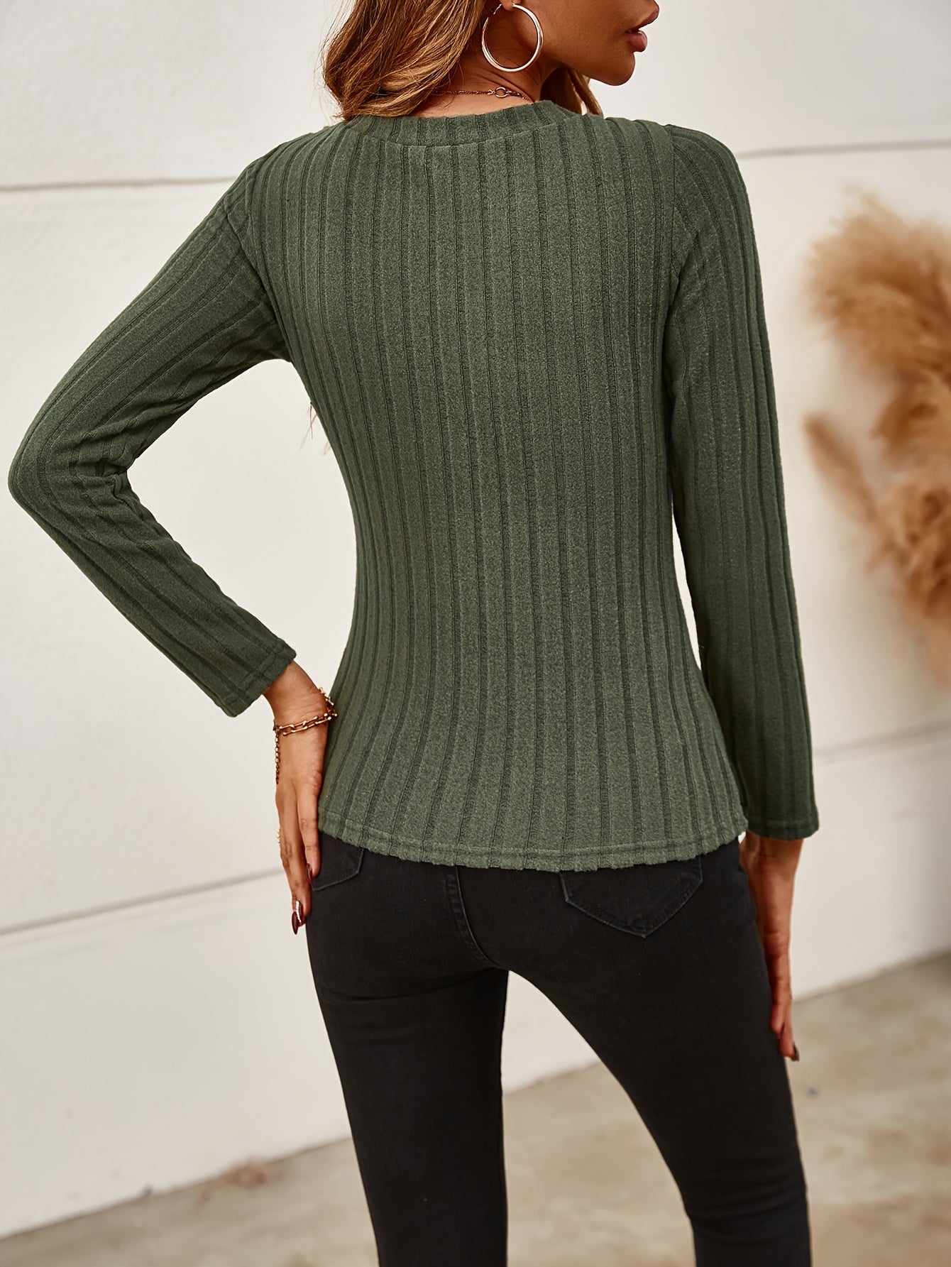 Ribbed V Neck T-Shirt, Elegant Solid Long Sleeve Knit Top For Spring & Fall, Women's Clothing