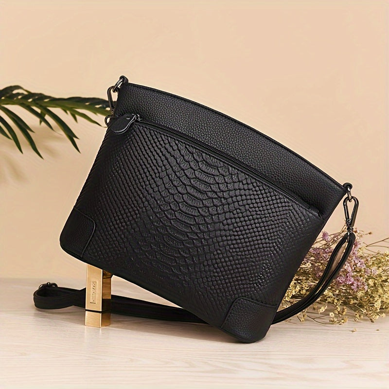 Solid Color Crocodile Pattern Genuine Leather Crossbody Bag with Removable Strap and Zipper Closure, Polyester Lined, Large Capacity Shoulder Bag for Women