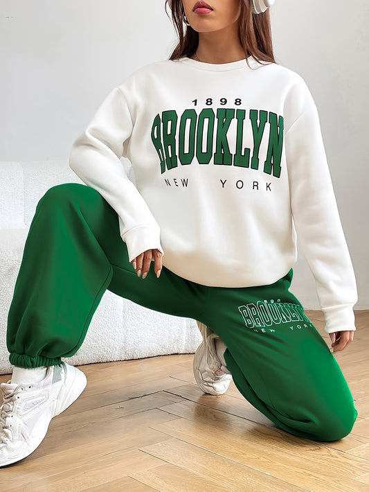 Letter Print Workout Two-piece Set, Crew Neck Long Sleeve Sweatshirt & Long Length Jogger Pants Outfits, Women's Clothing