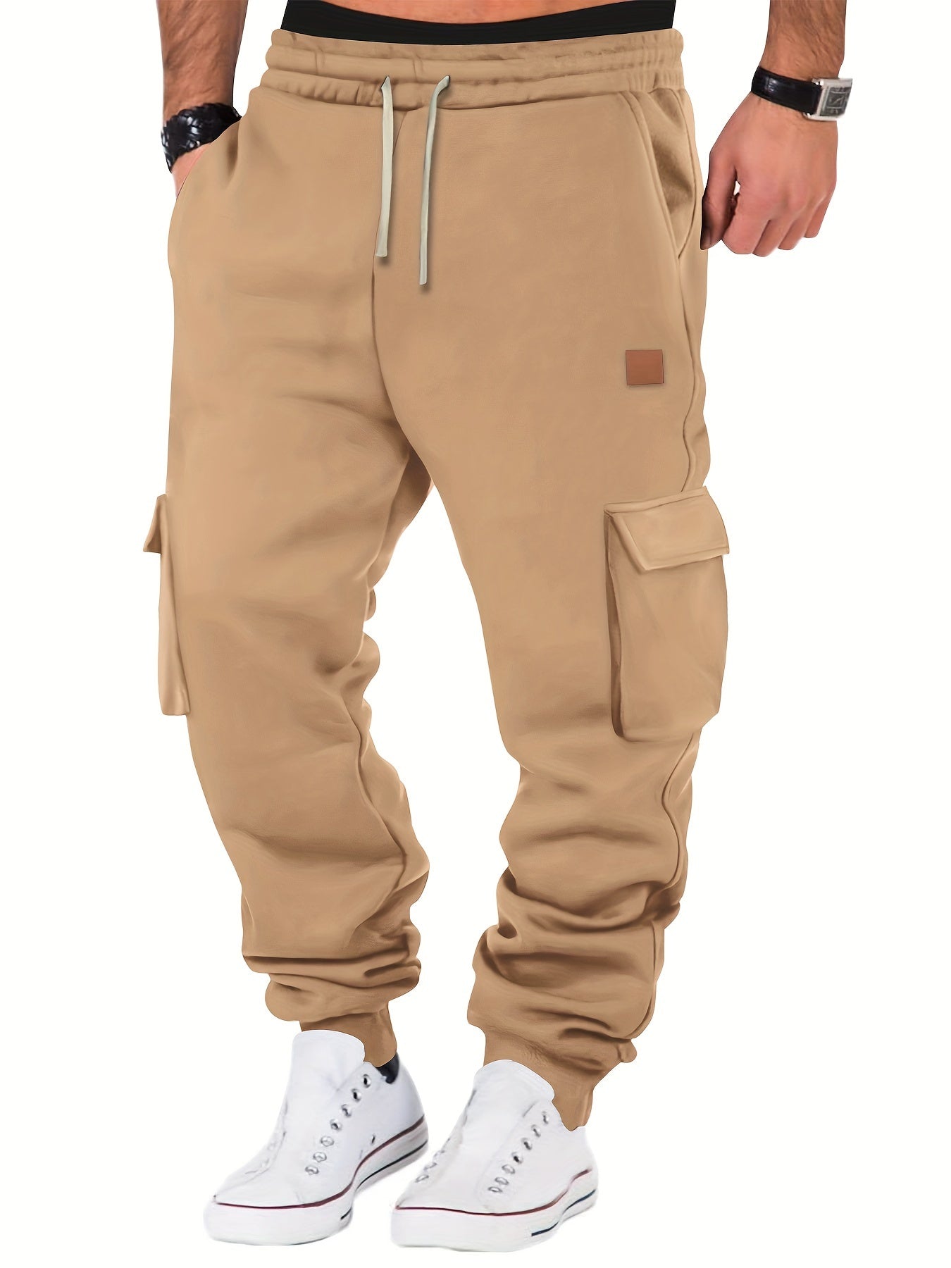 Men's Casual Thickened Warm Jogger Cargo Pants with Drawstring Waist, Cotton-Poly Blend, Solid Color, Medium Stretch, Drawstring Details, Knit Fabric, Loose Fit, for Sports & Outdoor Activities - Fall/Winter Collection