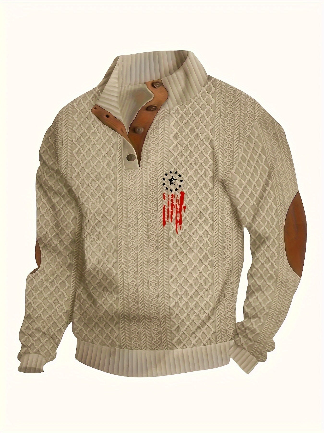 Men's Casual Fleece-Lined Sweatshirt with Star Pattern - Stand Collar, Button Detail, Machine Washable - Perfect for Fall & Winter