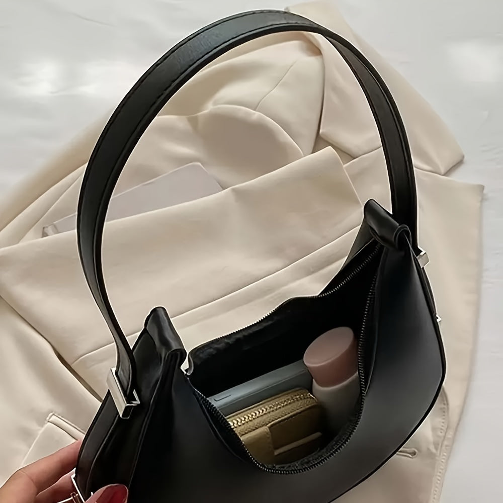 Women'S Fashion Crescent Moon Top-Handle Bag, Solid Color Faux Leather Shoulder Purse, Trendy Minimalist Design, with Zipper Closure, Polyester Lined, Edge Painted, for Daily Use, Ideal Gift - Available in Black & White