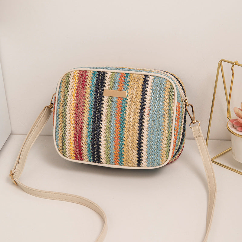 Rainbow Color Straw Square Bag, Zipper Crossbody Bag, All-Match Purse, Trendy Shoulder Bag