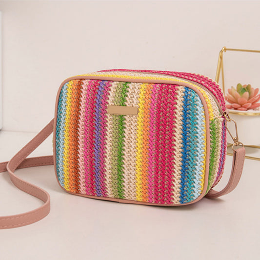 Rainbow Color Straw Square Bag, Zipper Crossbody Bag, All-Match Purse, Trendy Shoulder Bag