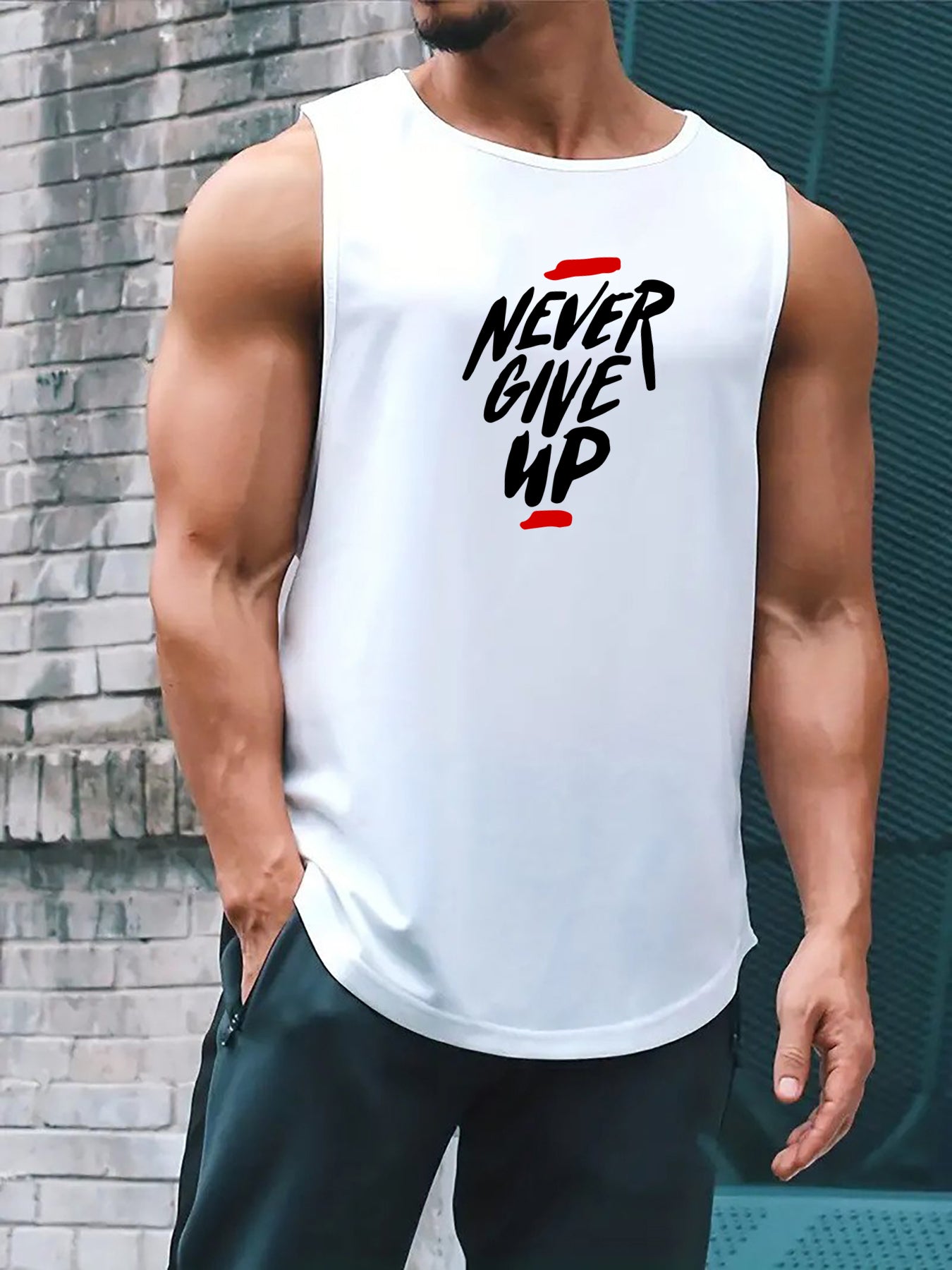 "Never Give Up" Print Comfy Breathable Tank Top, Men's Casual Stretch Sleeveless T-shirt For Summer Gym Workout Training Basketball