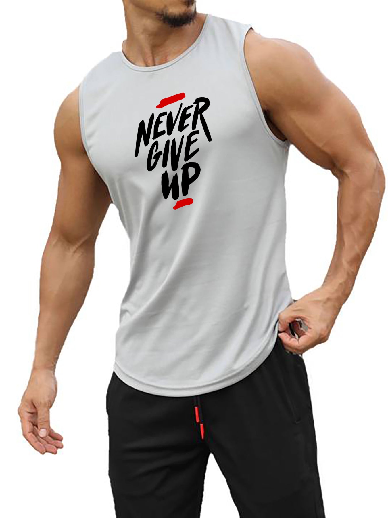 "Never Give Up" Print Comfy Breathable Tank Top, Men's Casual Stretch Sleeveless T-shirt For Summer Gym Workout Training Basketball