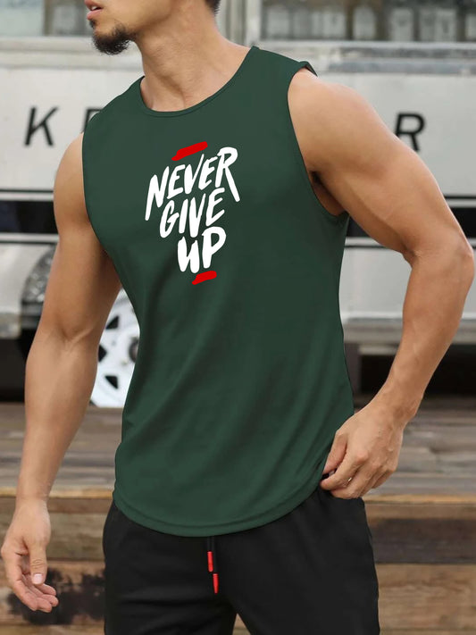 "Never Give Up" Print Comfy Breathable Tank Top, Men's Casual Stretch Sleeveless T-shirt For Summer Gym Workout Training Basketball