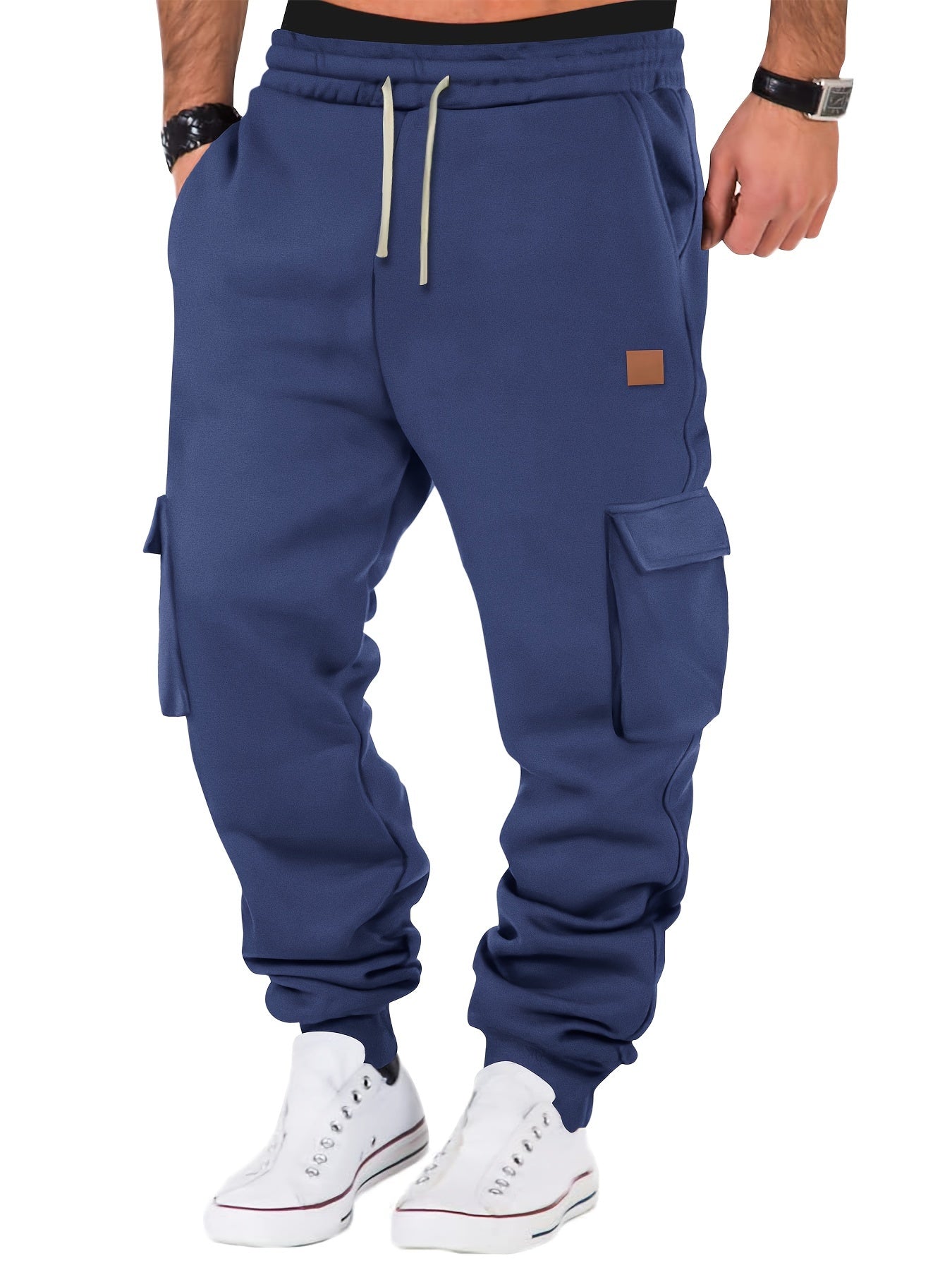 Men's Casual Thickened Warm Jogger Cargo Pants with Drawstring Waist, Cotton-Poly Blend, Solid Color, Medium Stretch, Drawstring Details, Knit Fabric, Loose Fit, for Sports & Outdoor Activities - Fall/Winter Collection