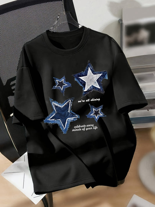 Star Print Drop Shoulder T-shirt, Short Sleeve Crew Neck Casual Top For Spring & Summer, Women's Clothing