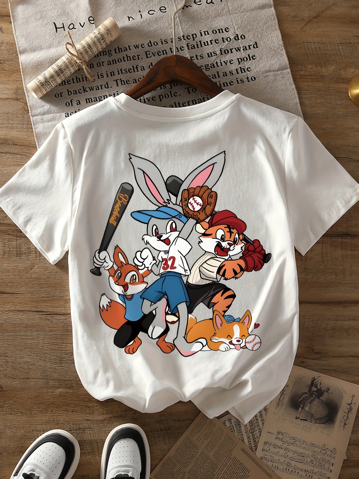 Cartoon Print T-shirt, Short Sleeve Crew Neck Casual Top For Summer & Spring, Women's Clothing