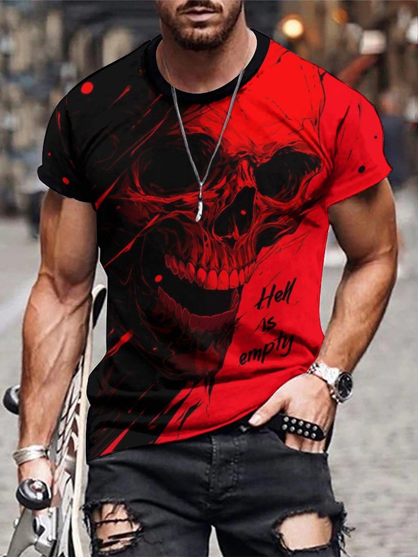 Street Style Skull Head Anime 3D Print Men's Novelty Short Sleeve Crew Neck T-shirt, Summer Outdoor