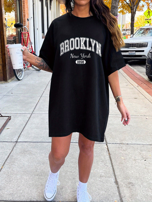 Brooklyn Print Crew Neck Tee Dress, Casual Short Sleeve Dress For Spring & Summer, Women's Clothing