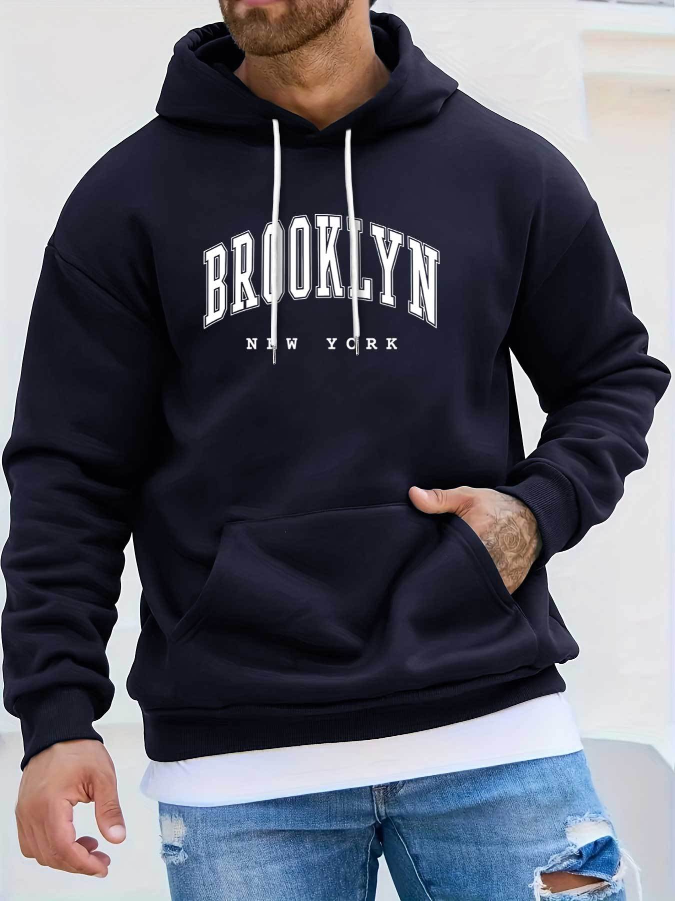 Men's  BROOKLYN Print Long Sleeve Hoodies, Warm Drawstring Hooded Sweatshirt, Comfy Men's  Clothing For Autumn And Winter