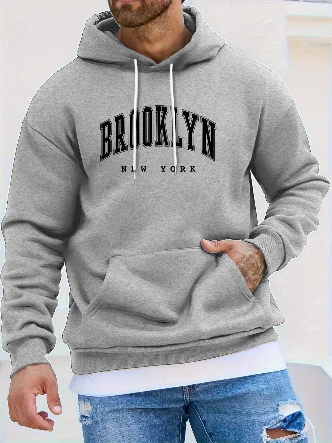 Men's  BROOKLYN Print Long Sleeve Hoodies, Warm Drawstring Hooded Sweatshirt, Comfy Men's  Clothing For Autumn And Winter