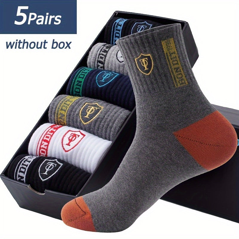 5 Pairs Sweat Absorbing Embroidered Crest Athletic Socks, Ankle Socks, For Women & Men