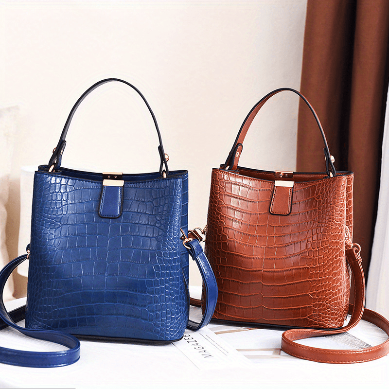 Elegant Faux Leather Crocodile Pattern Bucket Bag with Detachable Shoulder Strap, Magnetic Closure, and Polyester Lining - Versatile Women's Crossbody Handbag