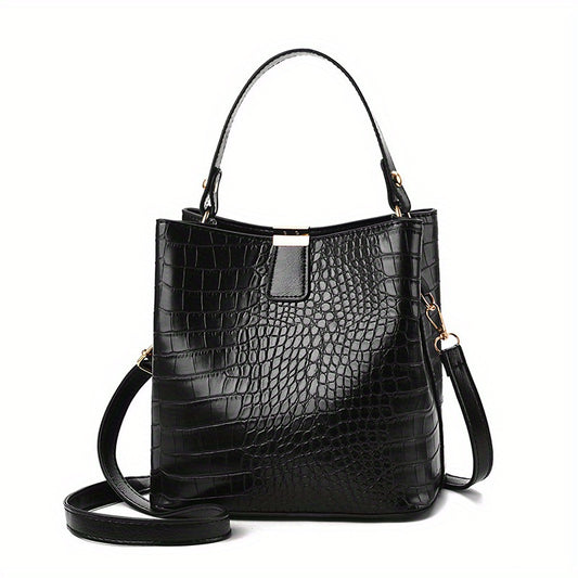 Elegant Faux Leather Crocodile Pattern Bucket Bag with Detachable Shoulder Strap, Magnetic Closure, and Polyester Lining - Versatile Women's Crossbody Handbag