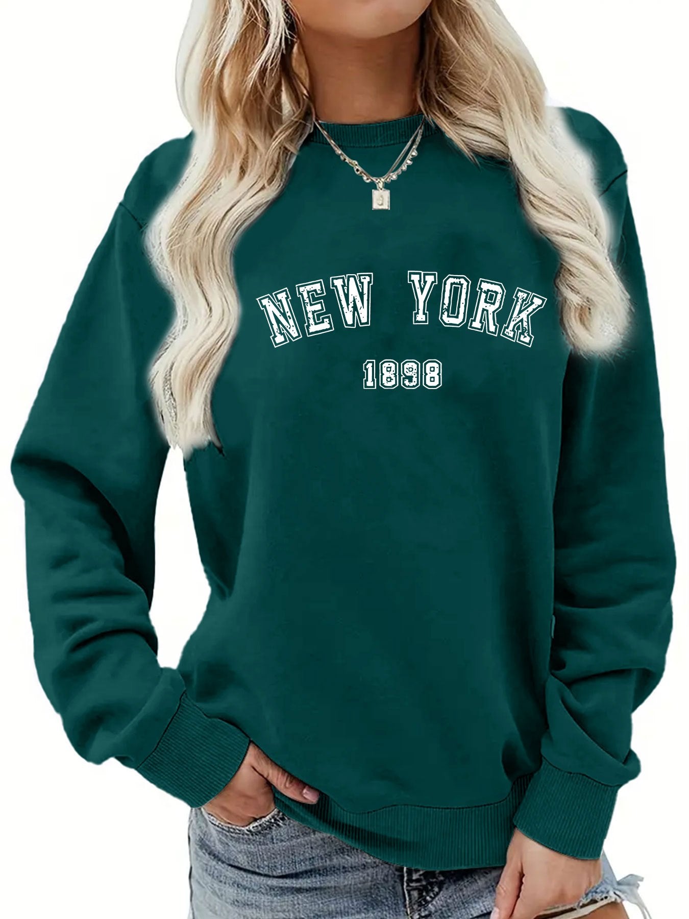 NEW YORK Print Pullover Sweatshirt, Casual Long Sleeve Crew Neck Sweatshirt For Fall & Winter, Women's Clothing