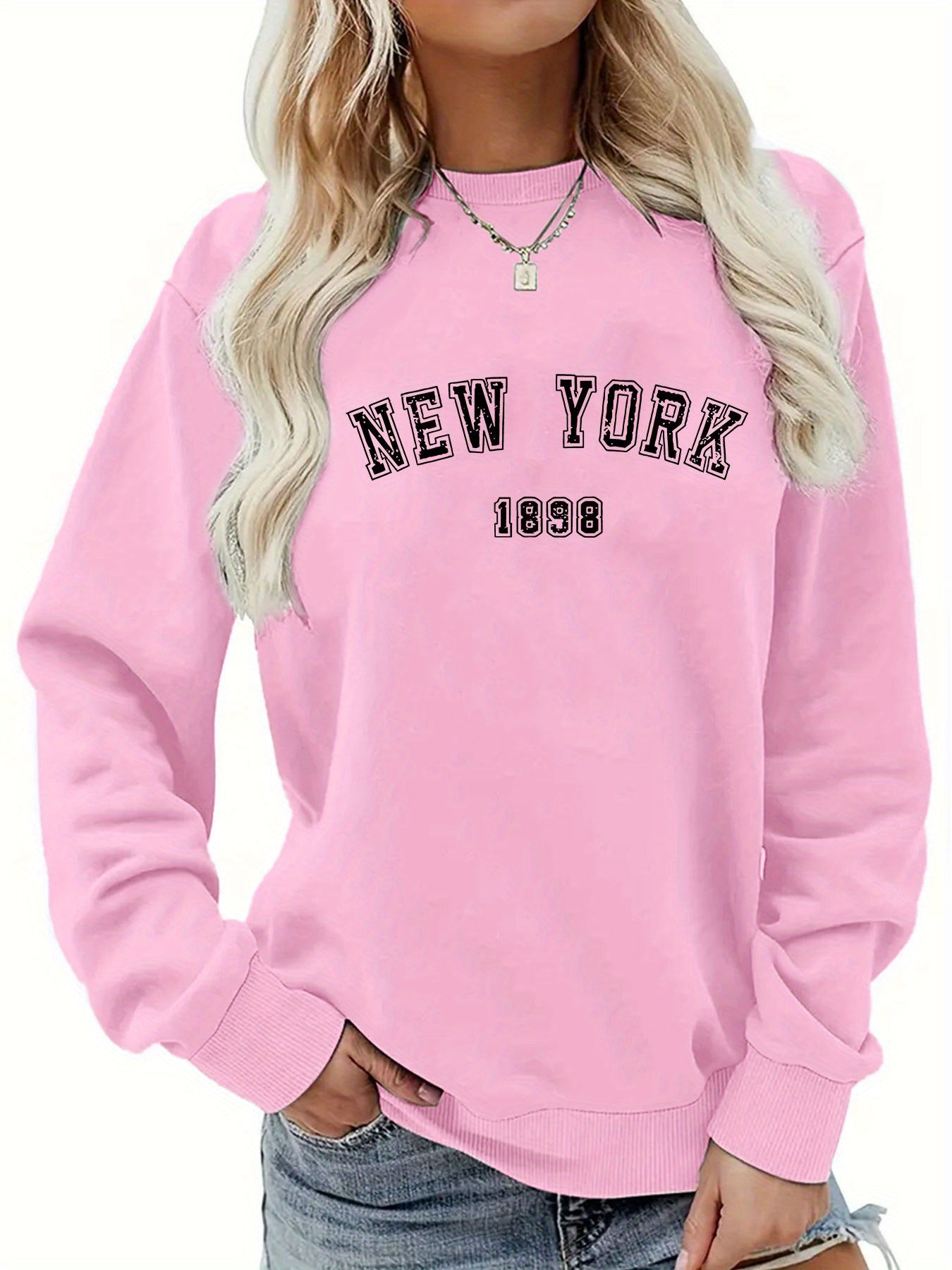 NEW YORK Print Pullover Sweatshirt, Casual Long Sleeve Crew Neck Sweatshirt For Fall & Winter, Women's Clothing