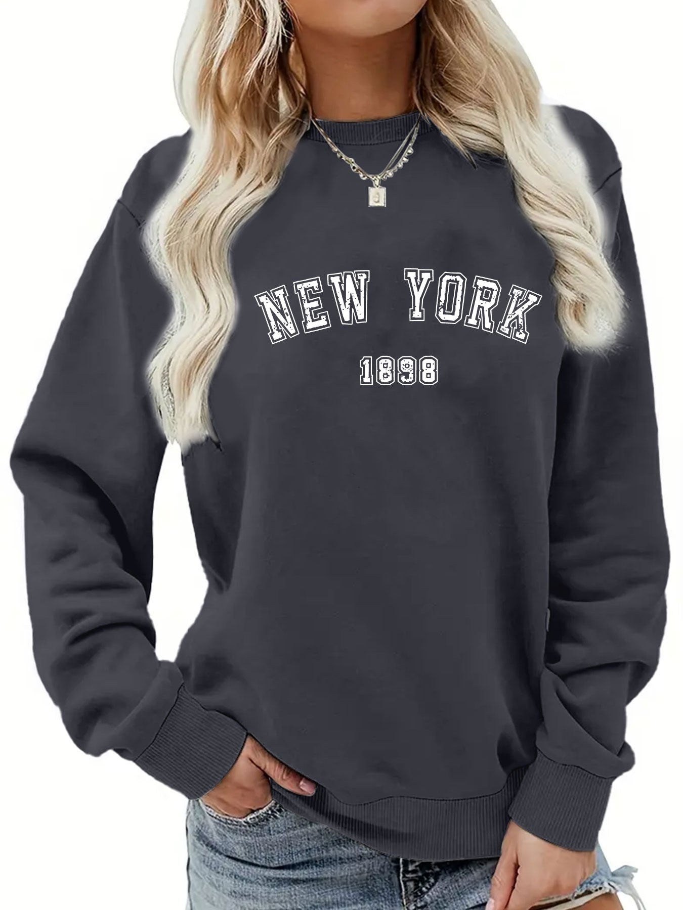 NEW YORK Print Pullover Sweatshirt, Casual Long Sleeve Crew Neck Sweatshirt For Fall & Winter, Women's Clothing