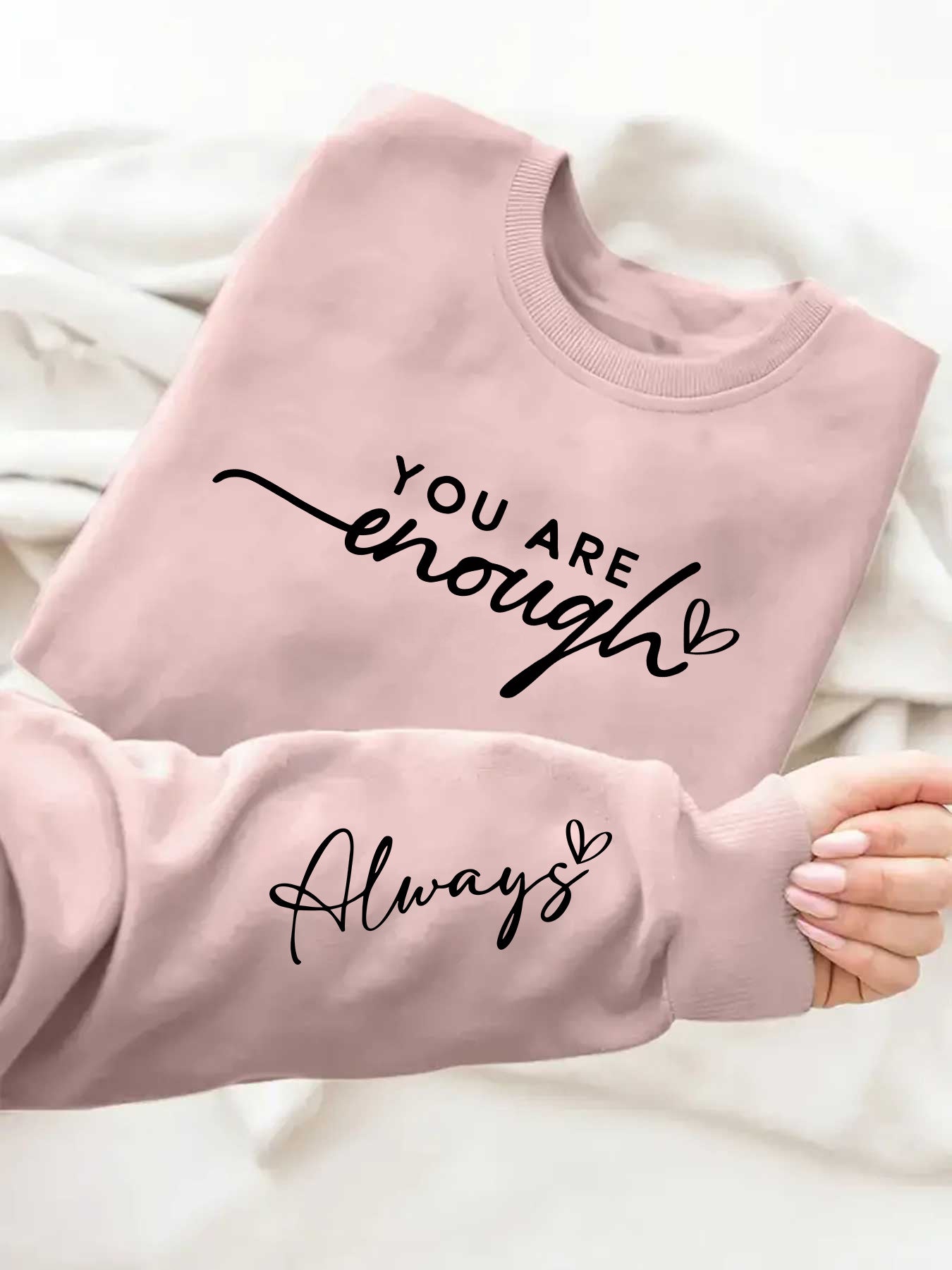 YOU ARE ENOUGH Print Sweatshirt, Casual Long Sleeve Crew Neck Pullover Sweatshirt For Fall & Winter, Women's Clothing