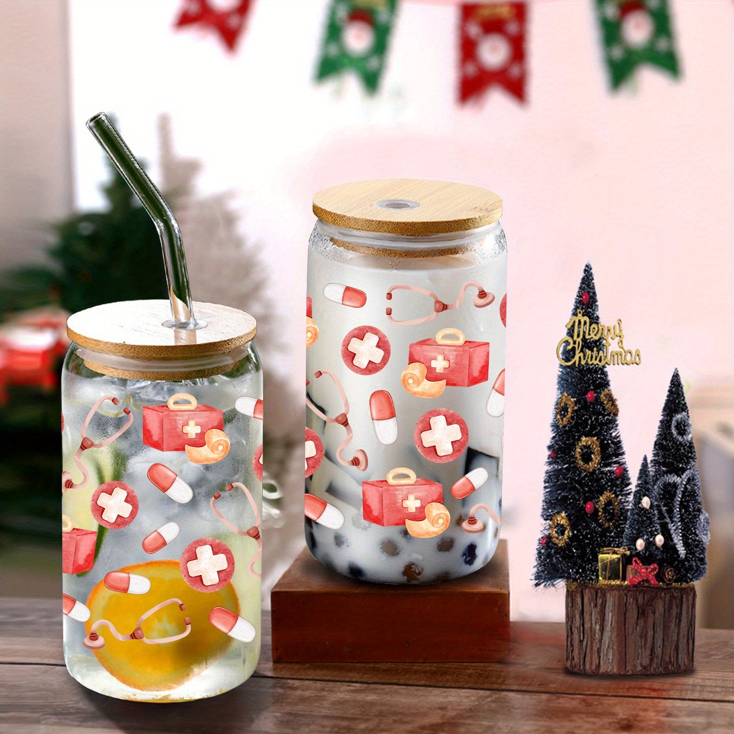 16oz Festive Glass Tumbler with Lid & Straw - UV Printed Stethoscope & Pill Design, Perfect for Iced Coffee & Holiday Drinks, Reusable & Sustainable, Ideal Gift for Christmas & More