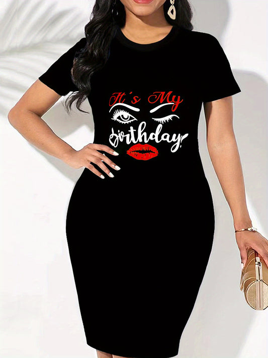 My Birthday Print Crew Neck Dress, Casual Bodycon Short Sleeve Dress For Spring & Summer, Women's Clothing