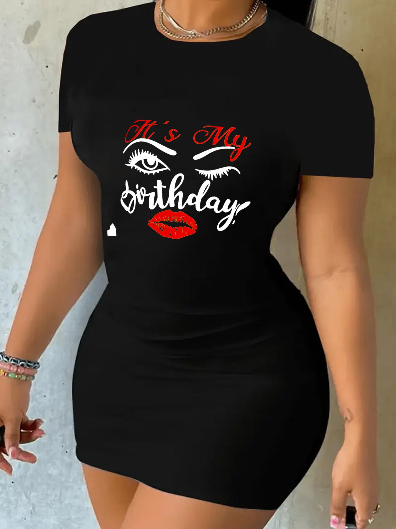 My Birthday Print Crew Neck Dress, Casual Bodycon Short Sleeve Dress For Spring & Summer, Women's Clothing