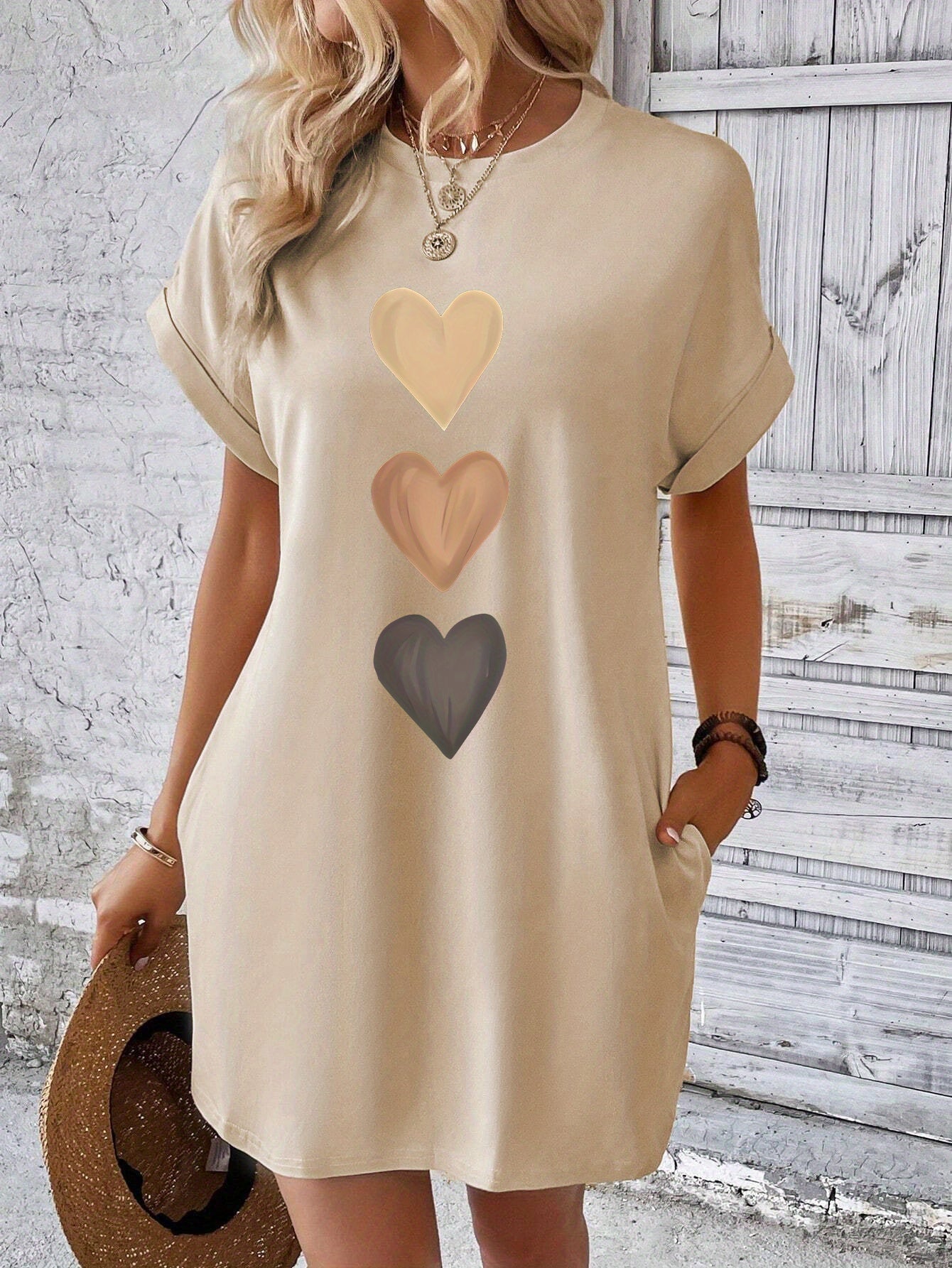 Heart Print Pocket Tee Dress, Batwing Sleeve Crew Neck Casual Dress For Summer & Spring, Women's Clothing