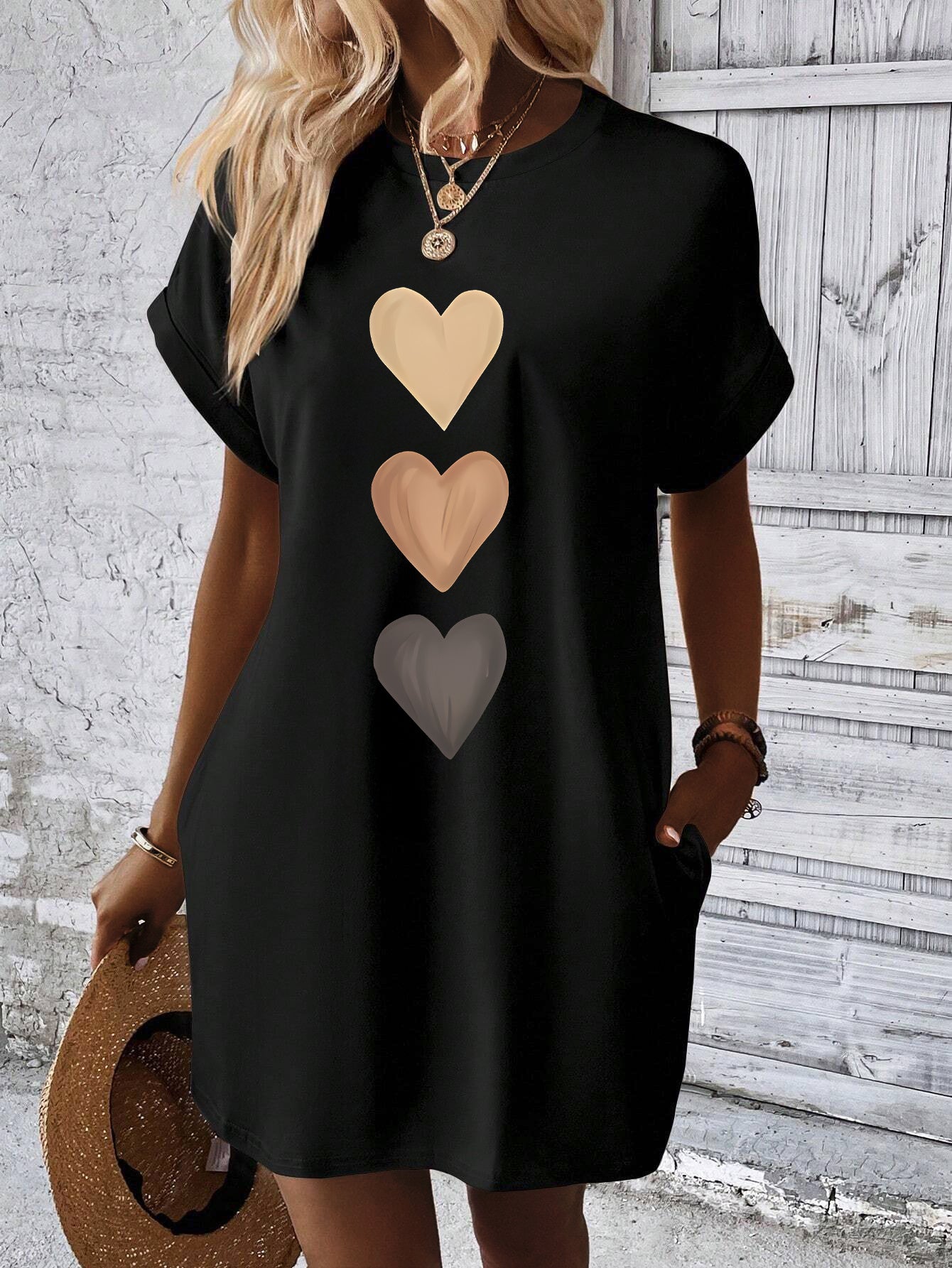 Heart Print Pocket Tee Dress, Batwing Sleeve Crew Neck Casual Dress For Summer & Spring, Women's Clothing