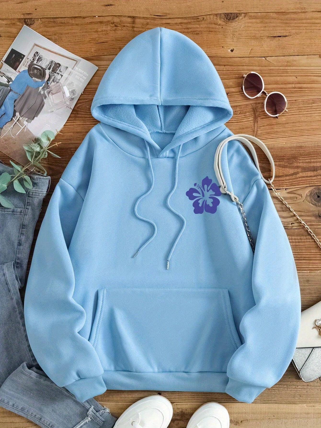 Floral & Letter Print Kangaroo Pocket Hoodie, Casual Long Sleeve Drawstring Hooded Sweatshirt For Fall & Winter, Women's Clothing