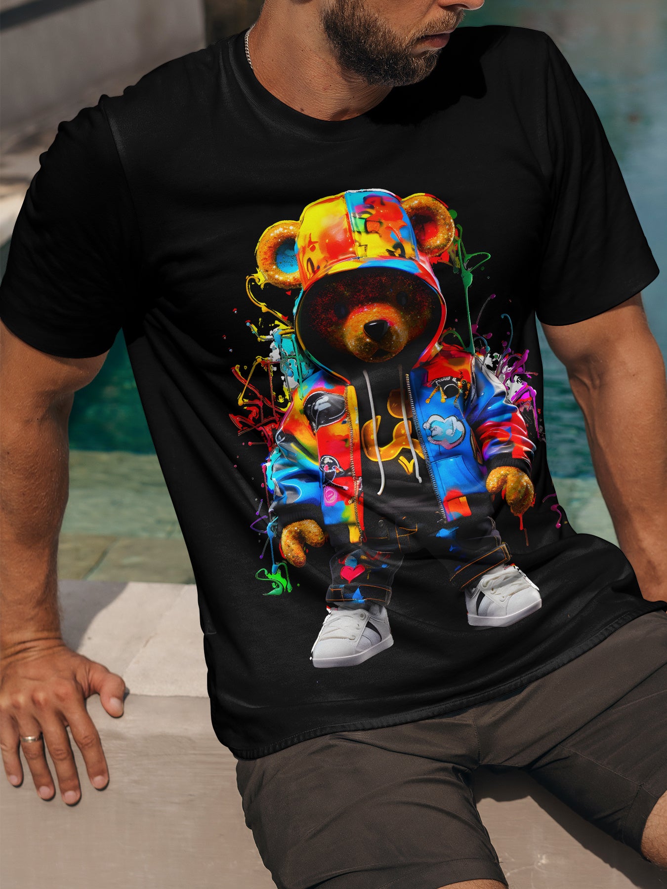 Men's Bear Graphic Print T-shirt, Short Sleeve Crew Neck Tee, Men's Clothing For Summer Outdoor