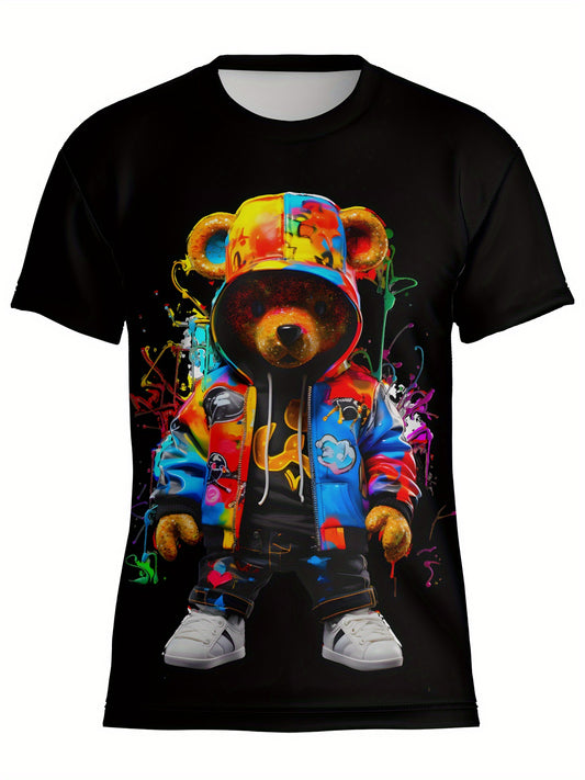 Men's Bear Graphic Print T-shirt, Short Sleeve Crew Neck Tee, Men's Clothing For Summer Outdoor