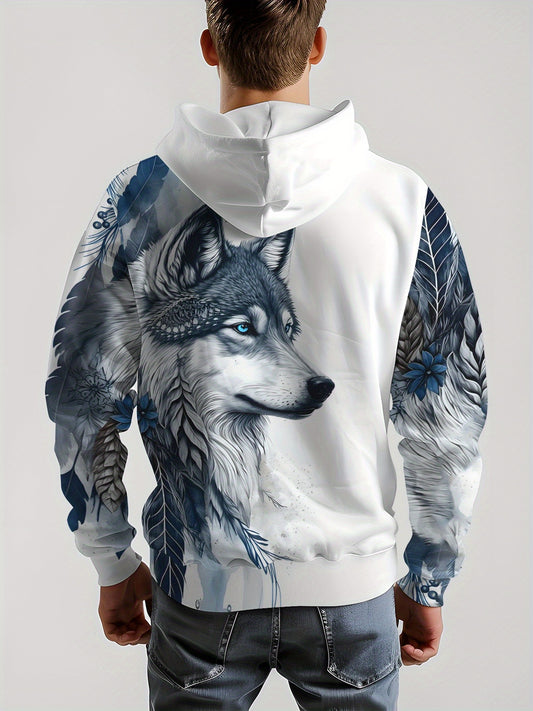 Men's Wolf & Leaf Graphic Hooded Sweatshirt, Casual Trendy Long Sleeve Pullover As Gift