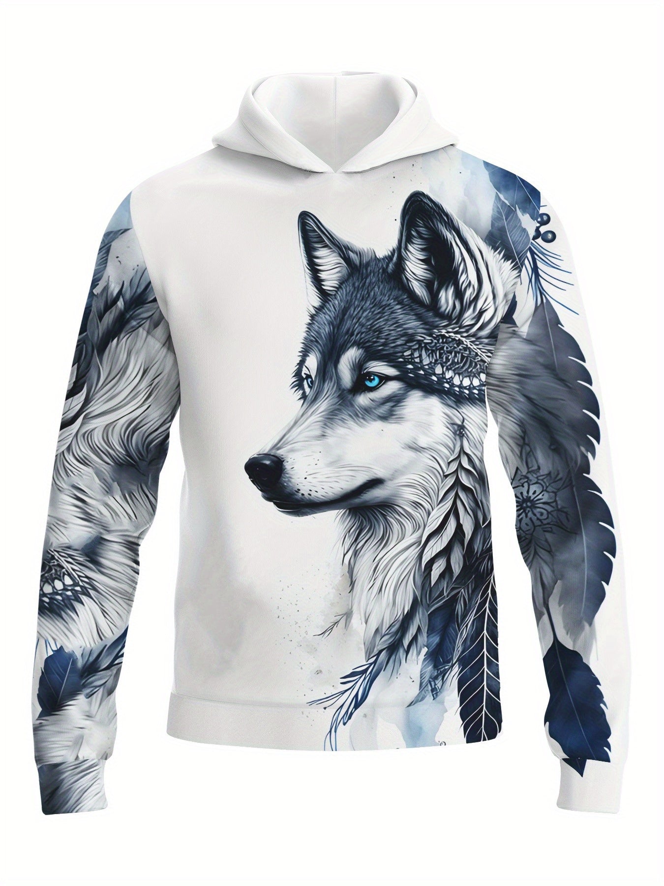 Men's Wolf & Leaf Graphic Hooded Sweatshirt, Casual Trendy Long Sleeve Pullover As Gift