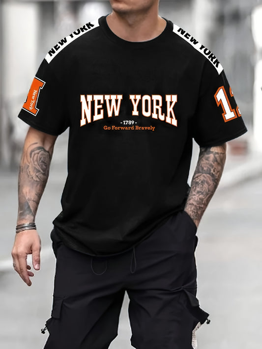 "New York" Pattern T-shirt For Men, Casual Short Sleeve Top, Men's Novelty Tee For Summer Daily Wear