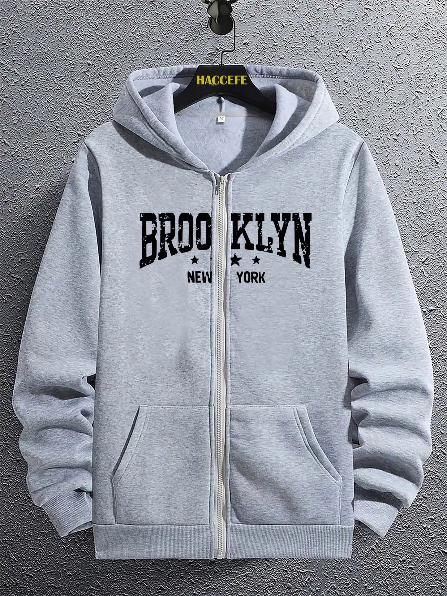 BROOKLYN NEW YORK Print Men's Trendy Long Sleeve Hoodie, Zip-up Hooded Sweatshirt With Kangaroo Pocket, Casual Comfortable Versatile Top For Autumn Daily Wear