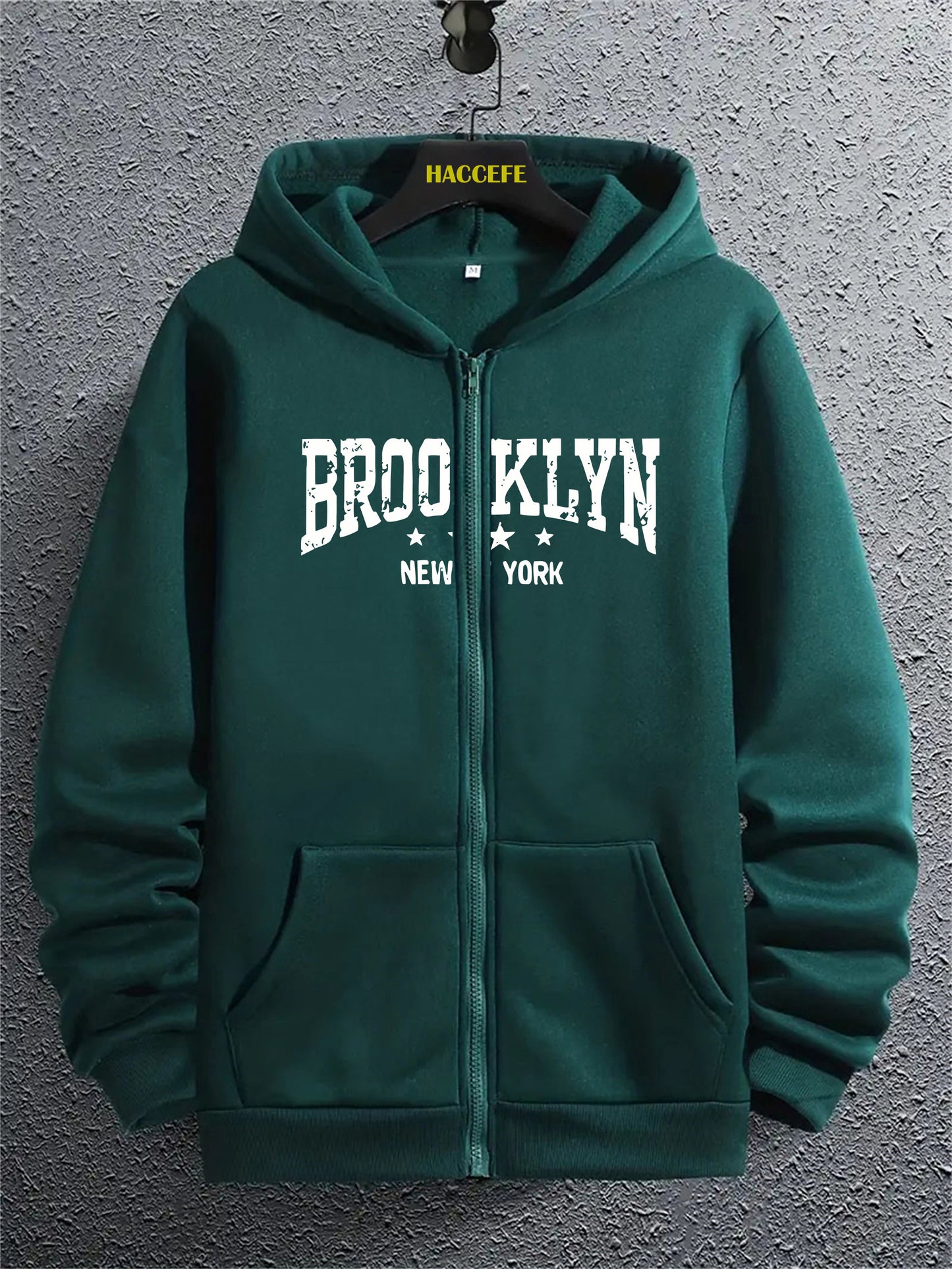 BROOKLYN NEW YORK Print Men's Trendy Long Sleeve Hoodie, Zip-up Hooded Sweatshirt With Kangaroo Pocket, Casual Comfortable Versatile Top For Autumn Daily Wear