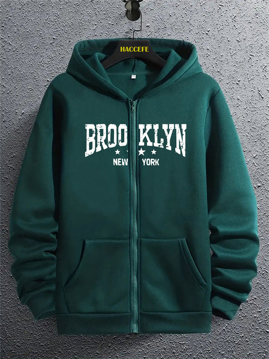 BROOKLYN NEW YORK Print Men's Trendy Long Sleeve Hoodie, Zip-up Hooded Sweatshirt With Kangaroo Pocket, Casual Comfortable Versatile Top For Autumn Daily Wear